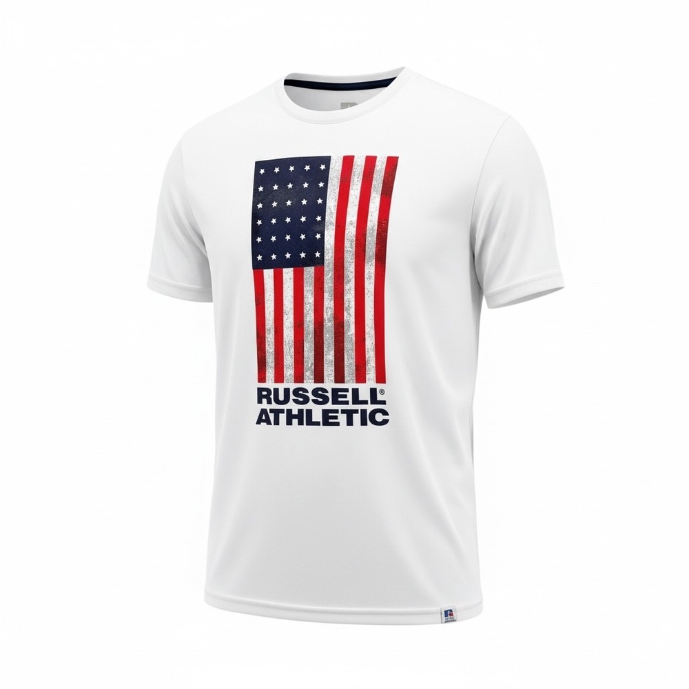 Russell Athletic Mens White‎ Graphic Shirt USA Flag Print Short Sleeve Tee NWT